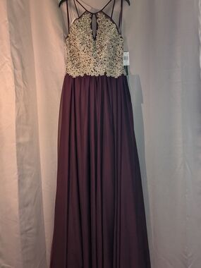 My Michelle Spaghetti Strap Keyhole Evening Gown in Deep Plum and Gold